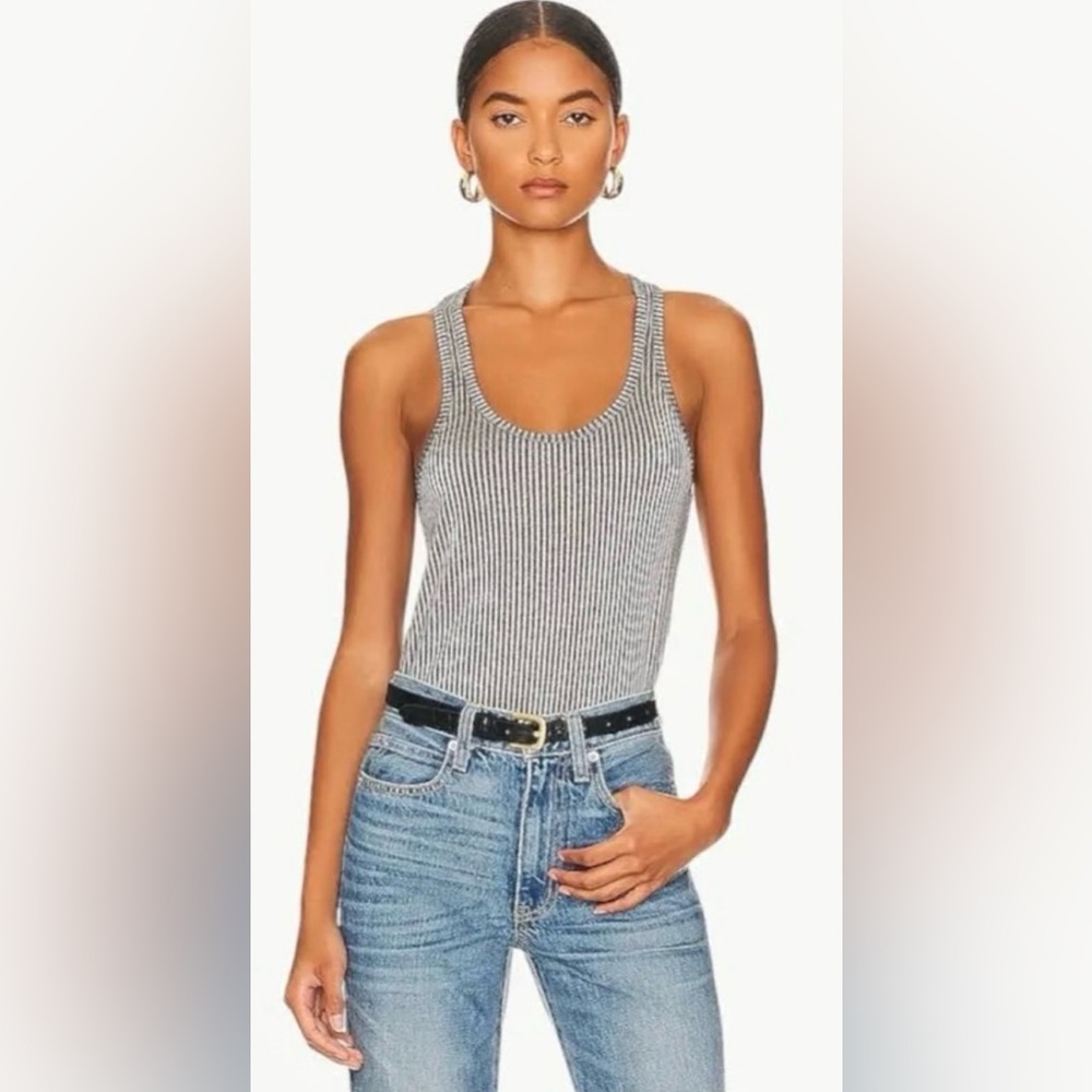 Anine Bing Black and Grey Striped Asymmetrical Kristen Tank Top Large - Picture 1 of 8